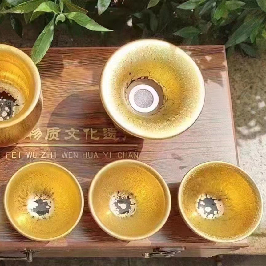 Master Collection---24k Gold jianzhan teacup Set（9 pieces）(M364)