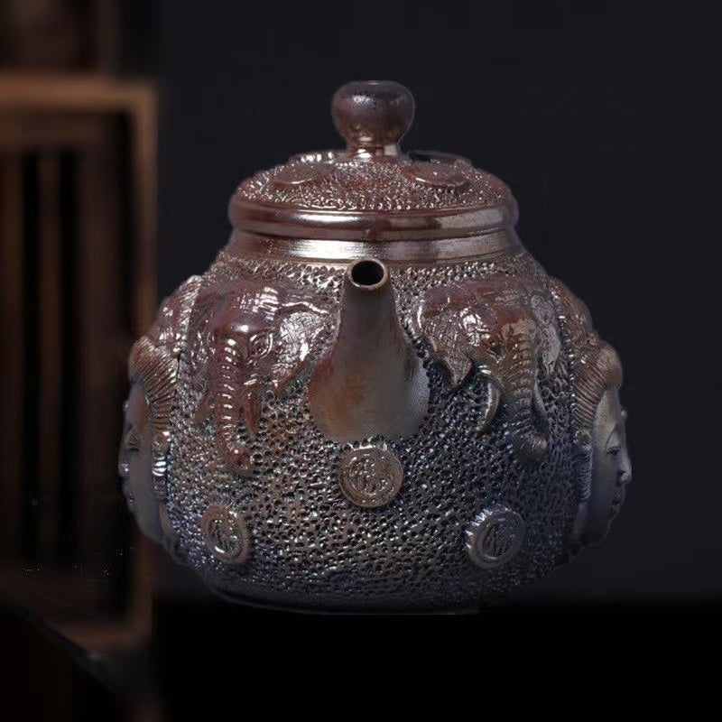 Master Collection---Master Handmade Woodcarving Glazed Gold Silver Colored Pottery Original Ore Teapot(M375)