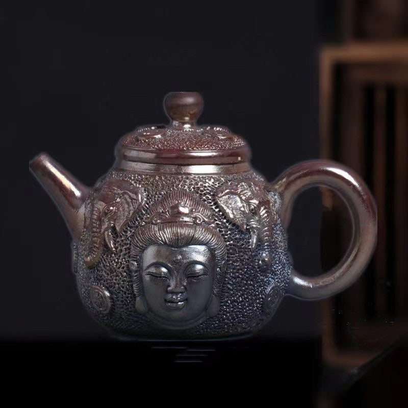 Master Collection---Master Handmade Woodcarving Glazed Gold Silver Colored Pottery Original Ore Teapot(M375)