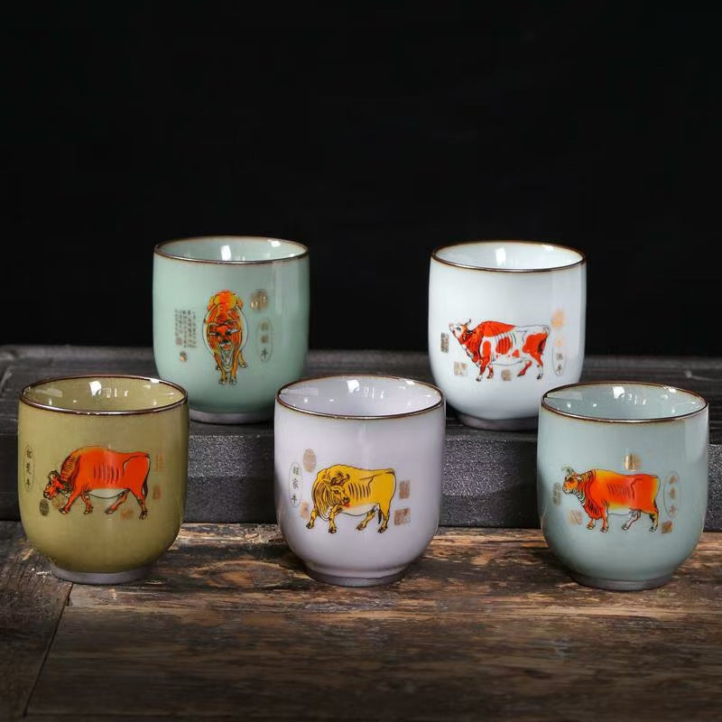 Five Cattle Figure Tea Cup Owner Cup Official Kiln Tea Set Cup