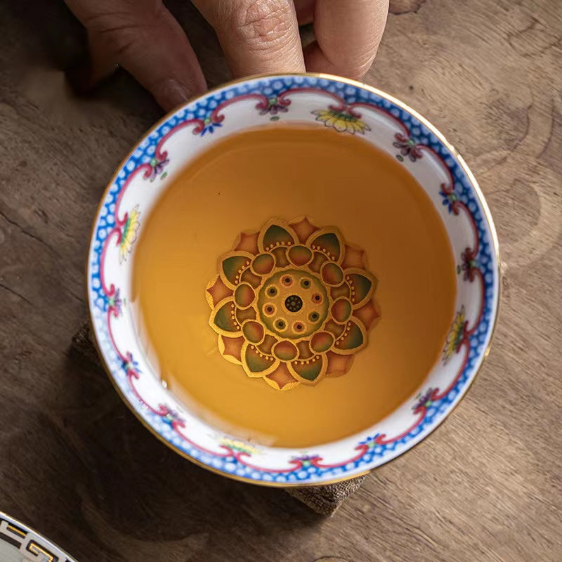 Enamel palace style tea cup with gold border