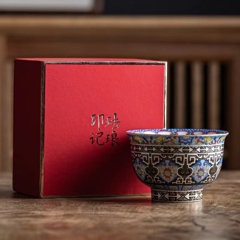 Enamel palace style tea cup with gold border