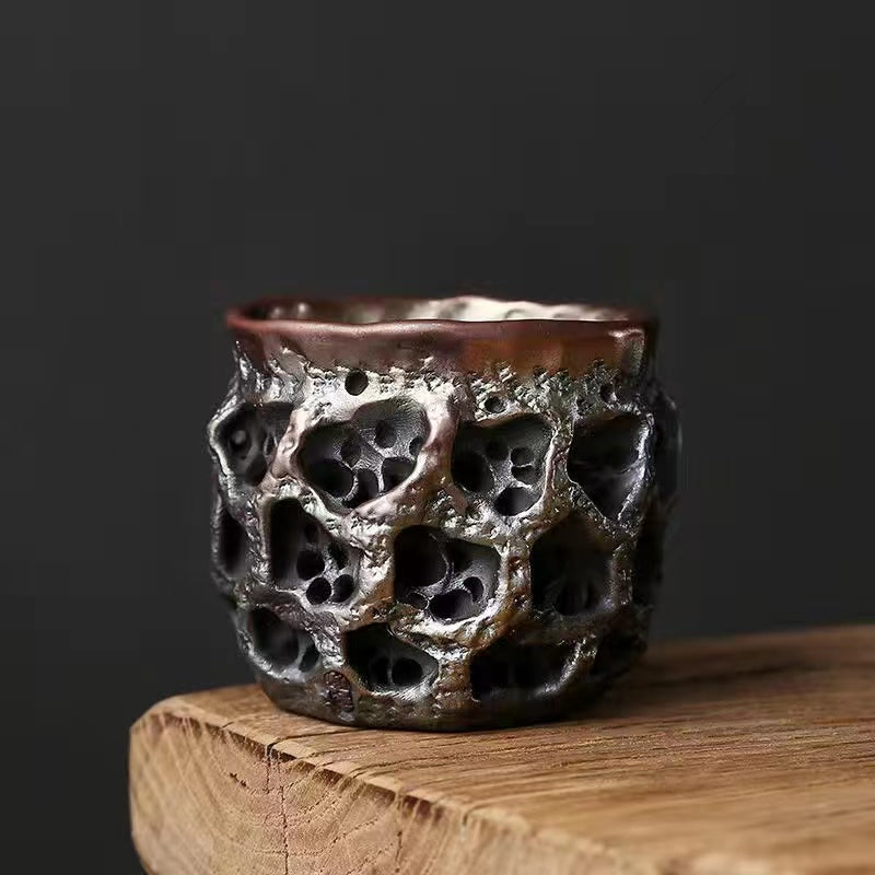 Master Collection---Shino yaki Hand kneaded honeycomb Tea cup(M383)