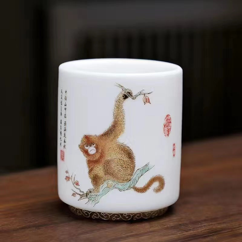 Sheep Butter Jade Pure White Chinese Zodiac Ceramic Tea Cup Set