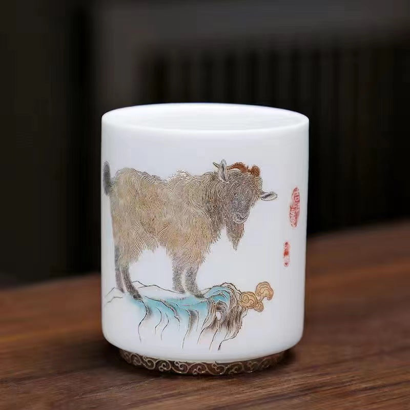 Sheep Butter Jade Pure White Chinese Zodiac Ceramic Tea Cup Set