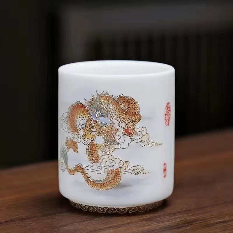 Sheep Butter Jade Pure White Chinese Zodiac Ceramic Tea Cup Set