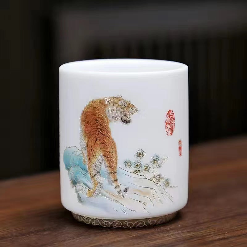 Sheep Butter Jade Pure White Chinese Zodiac Ceramic Tea Cup Set