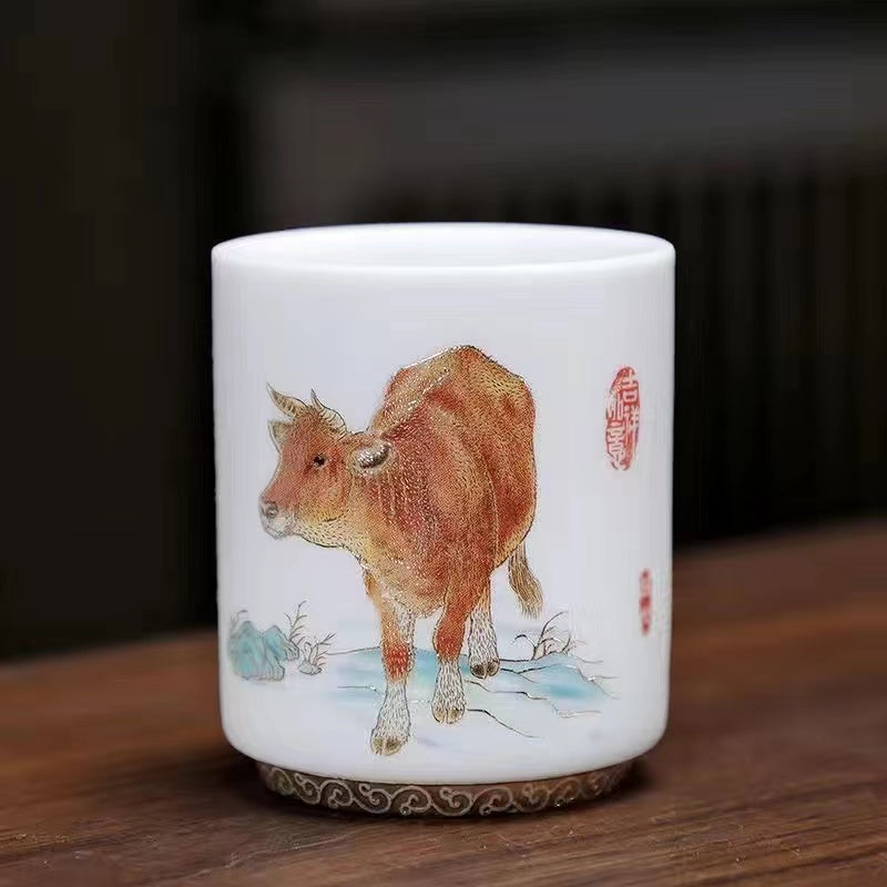 Sheep Butter Jade Pure White Chinese Zodiac Ceramic Tea Cup Set