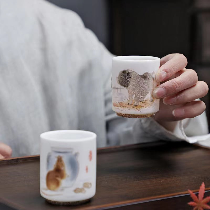 Sheep Butter Jade Pure White Chinese Zodiac Ceramic Tea Cup Set