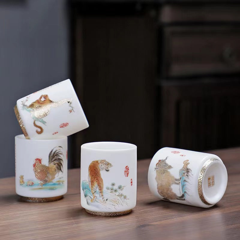 Sheep Butter Jade Pure White Chinese Zodiac Ceramic Tea Cup Set