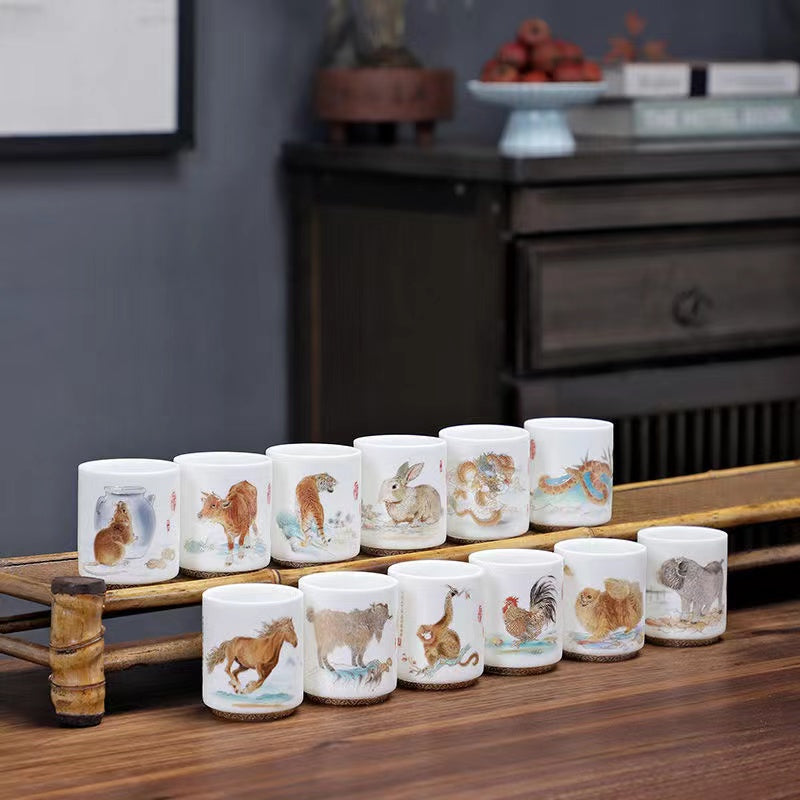 Sheep Butter Jade Pure White Chinese Zodiac Ceramic Tea Cup Set