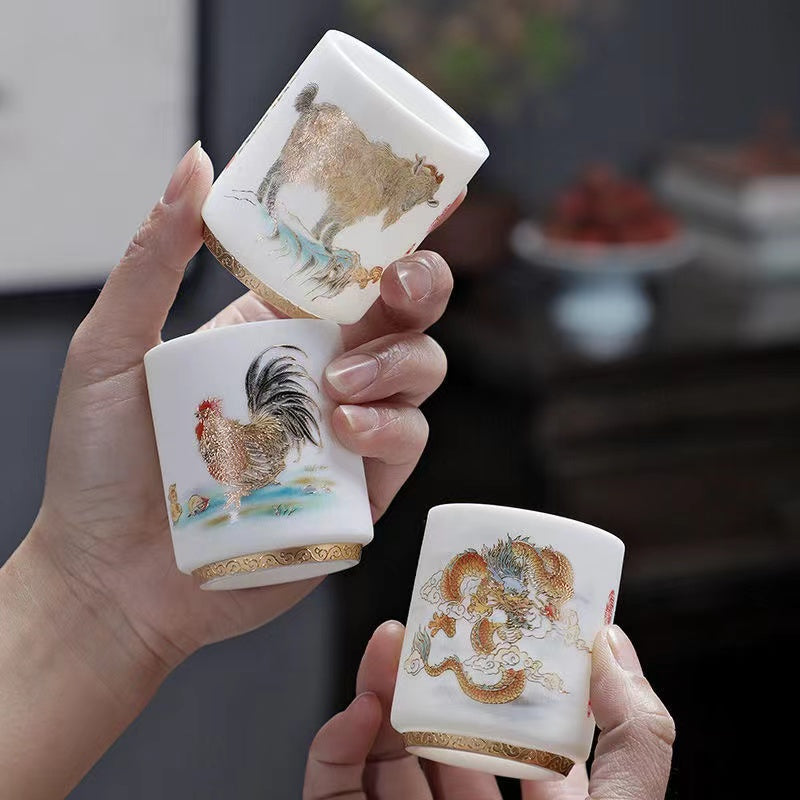 Sheep Butter Jade Pure White Chinese Zodiac Ceramic Tea Cup Set