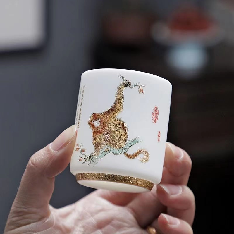 Sheep Butter Jade Pure White Chinese Zodiac Ceramic Tea Cup Set