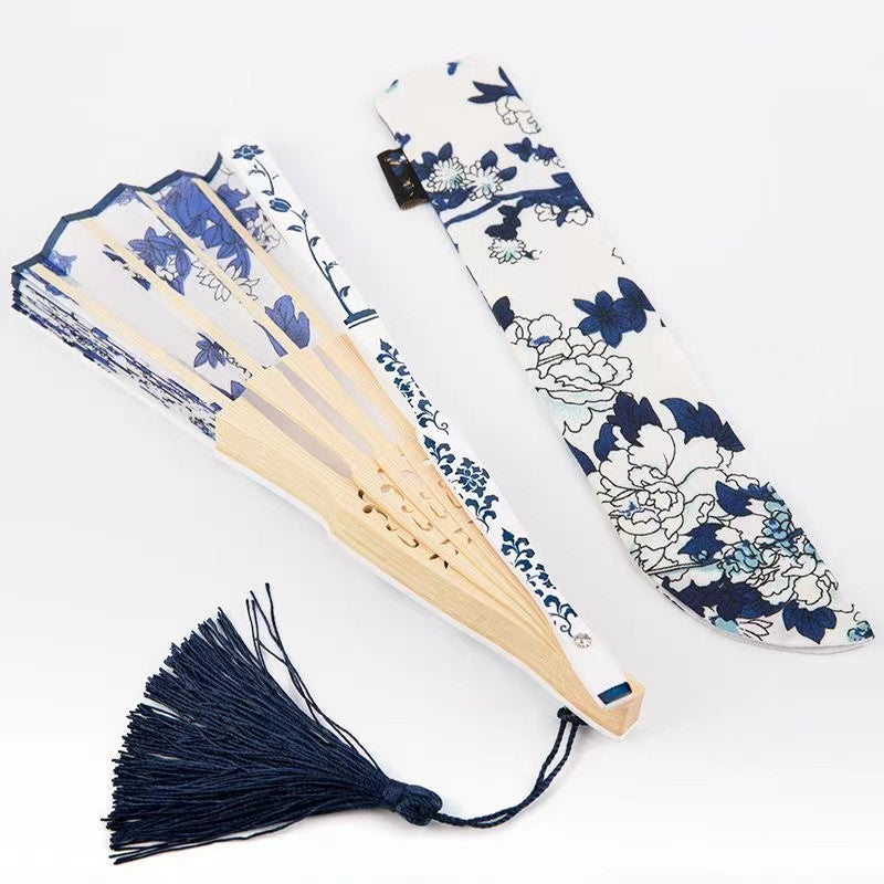 Blue and white fan Handmade folding fan 21cm