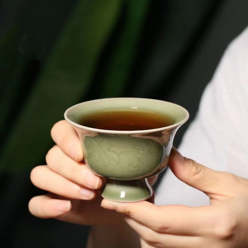 Celadon carved lotus goblet ceramic Tea cup