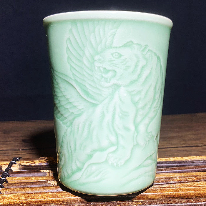 Celadon Dragon and Phoenix and Kirin and Flying Tiger Beer Cup