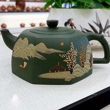 Load image into Gallery viewer, Green hand-painted purple clay teapot
