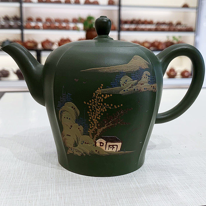 Green hand-painted purple clay teapot