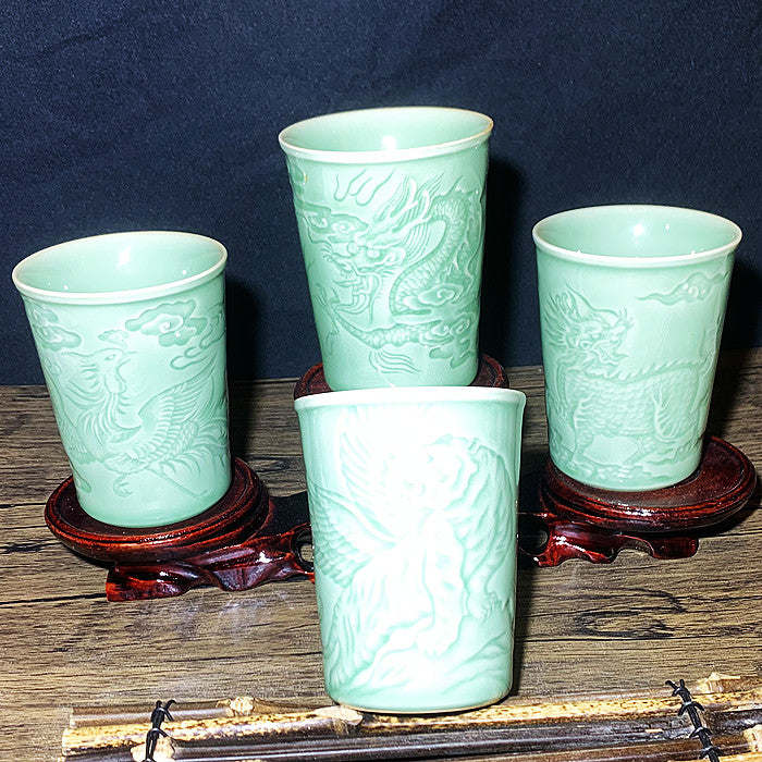 Celadon Dragon and Phoenix and Kirin and Flying Tiger Beer Cup