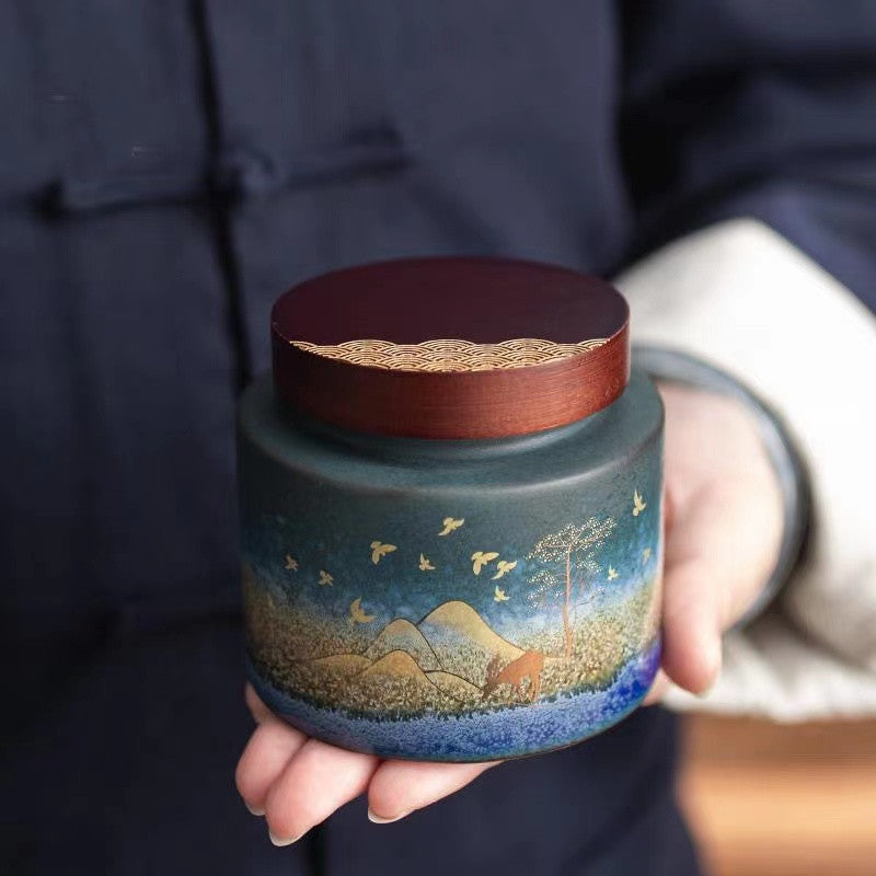 Portable moisture-proof ceramic tea Jer with wooden cover