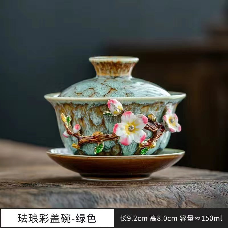 Kung Fu teapot with gold inlaid jade plum blossom ceramic bowl cover