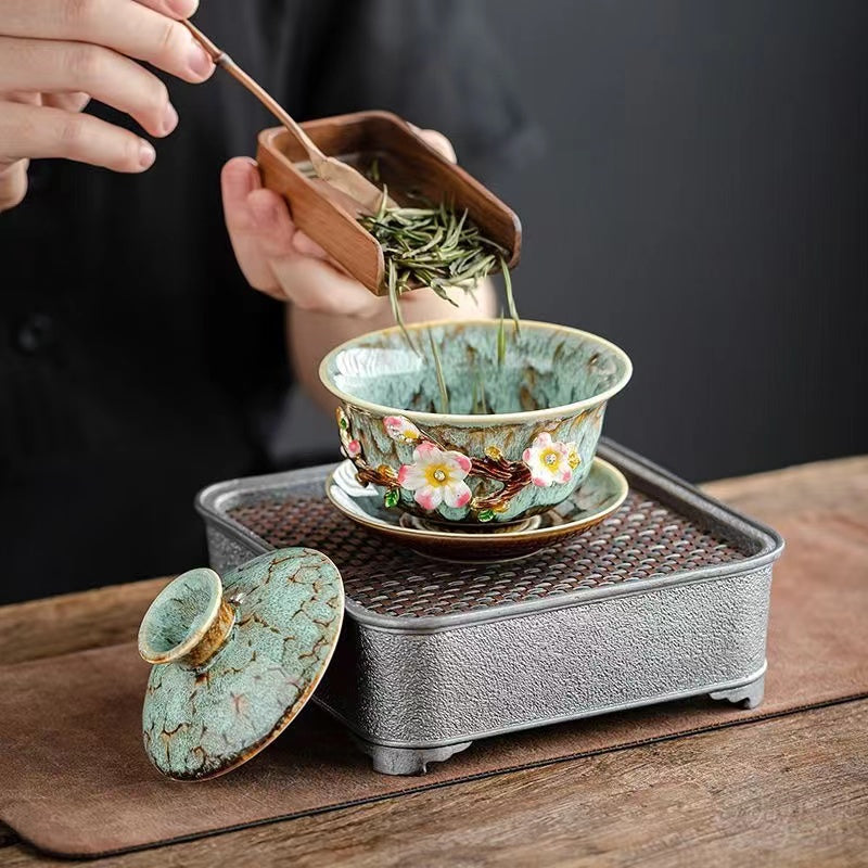 Kung Fu teapot with gold inlaid jade plum blossom ceramic bowl cover