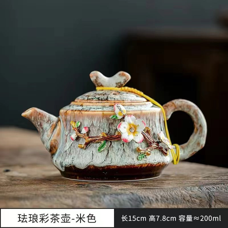 Kung Fu teapot with gold inlaid jade plum blossom ceramic bowl cover