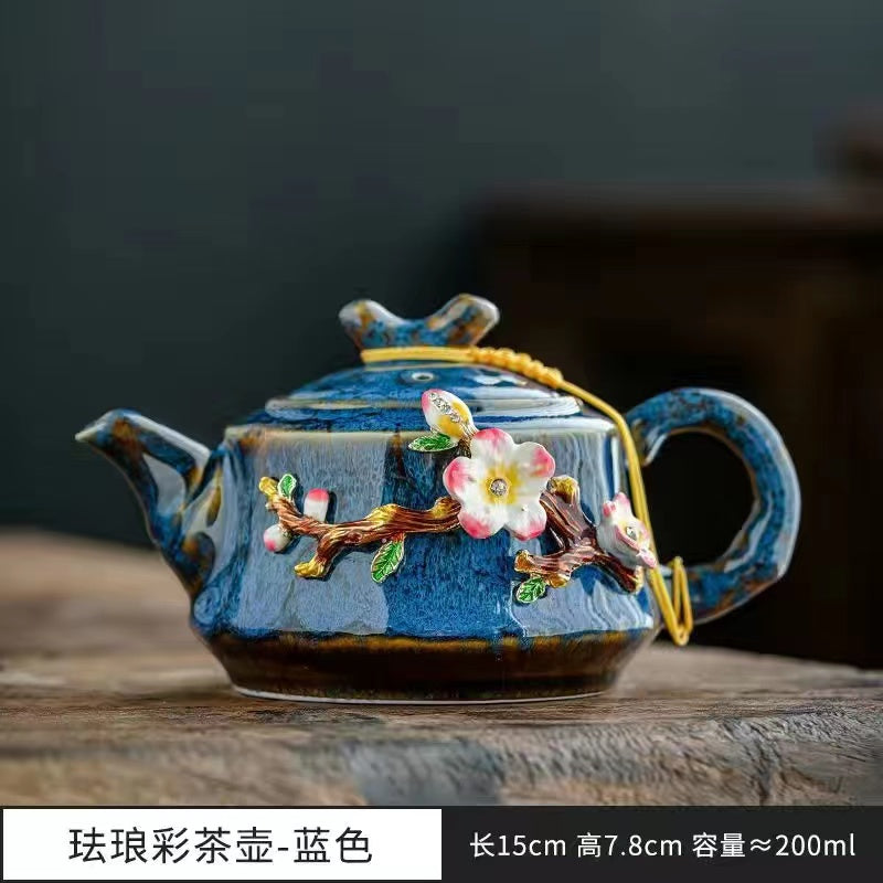 Kung Fu teapot with gold inlaid jade plum blossom ceramic bowl cover