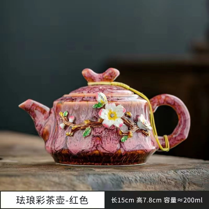 Kung Fu teapot with gold inlaid jade plum blossom ceramic bowl cover