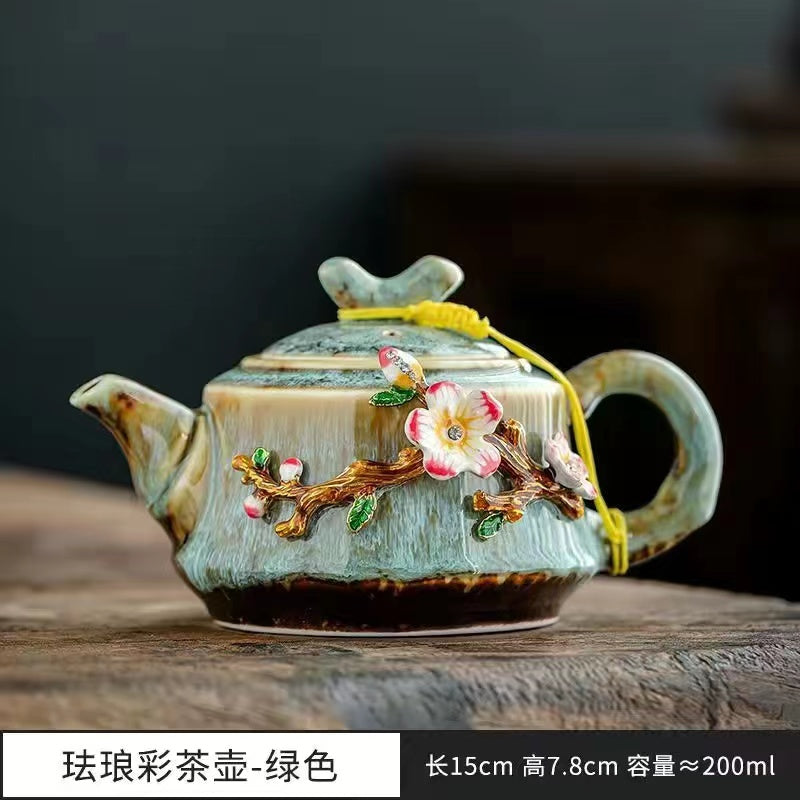 Kung Fu teapot with gold inlaid jade plum blossom ceramic bowl cover