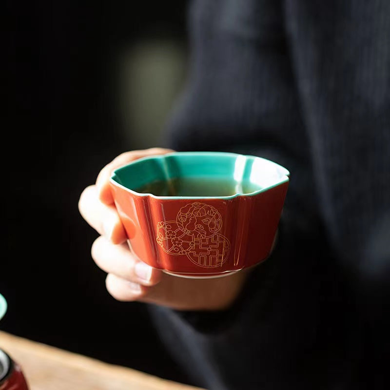 Palace Museum red and gold embroidered Tea cup