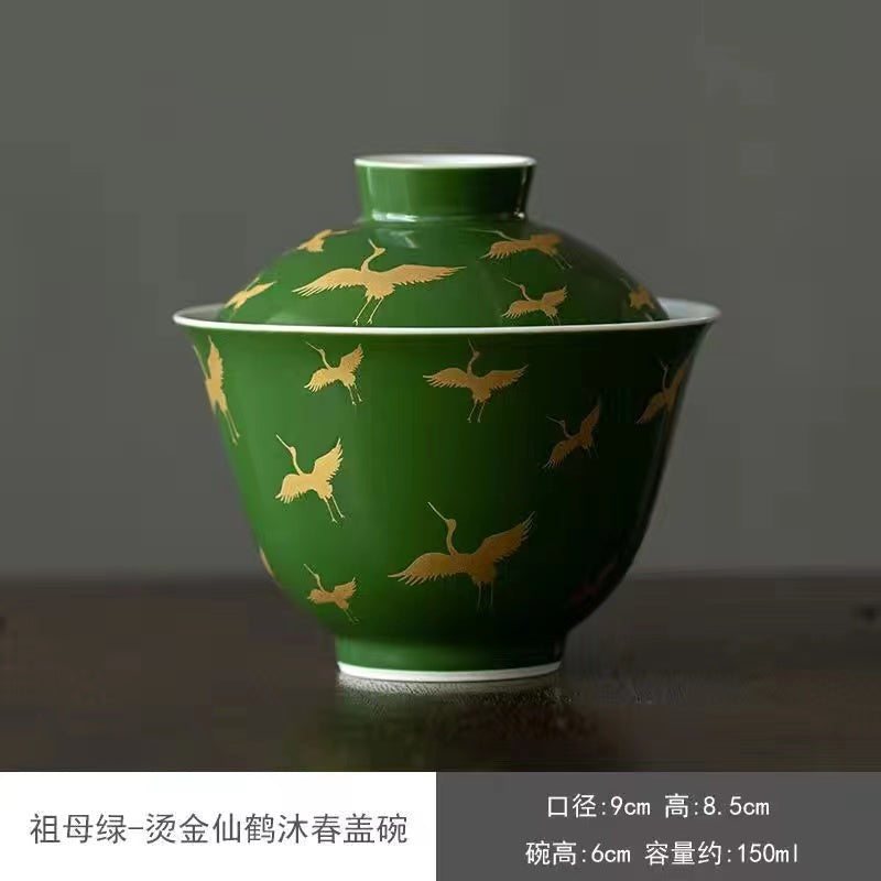 Grandmother green glaze crane Chinese style lifting pot