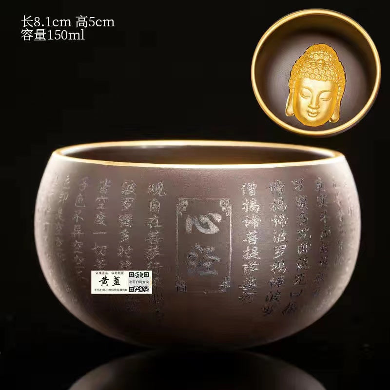 Master Collection-----Purple Clay Gold Gilded Statue of Buddha Tea Cup (M429)