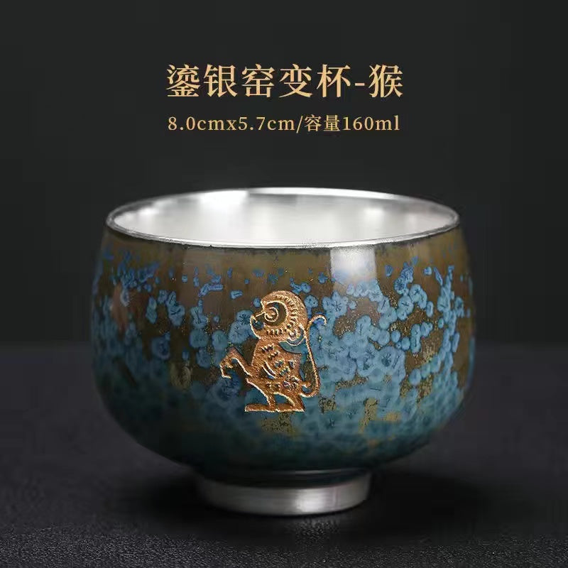 Master Collection-----Blue Jade Kiln to Silver Master Cup Pure Handmade Silver CupTea Cup(M435)