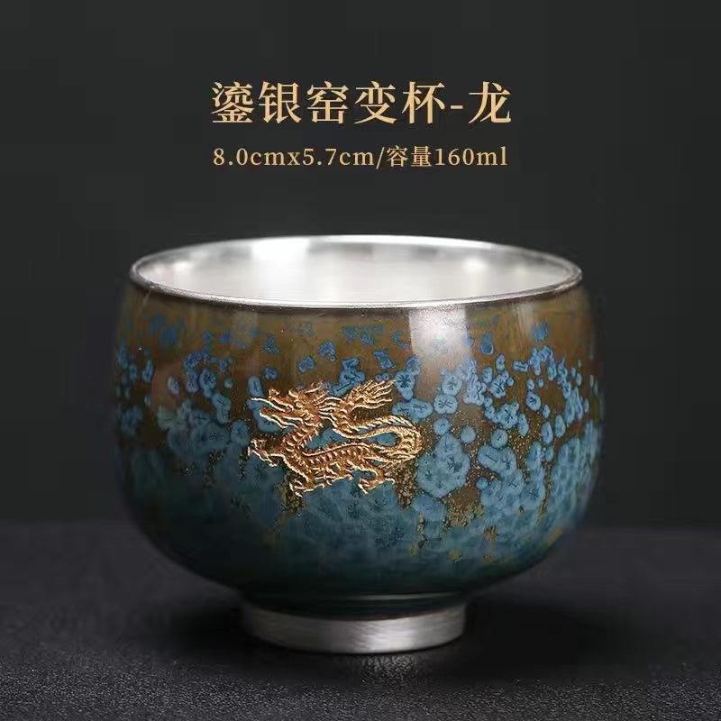 Master Collection-----Blue Jade Kiln to Silver Master Cup Pure Handmade Silver CupTea Cup(M435)