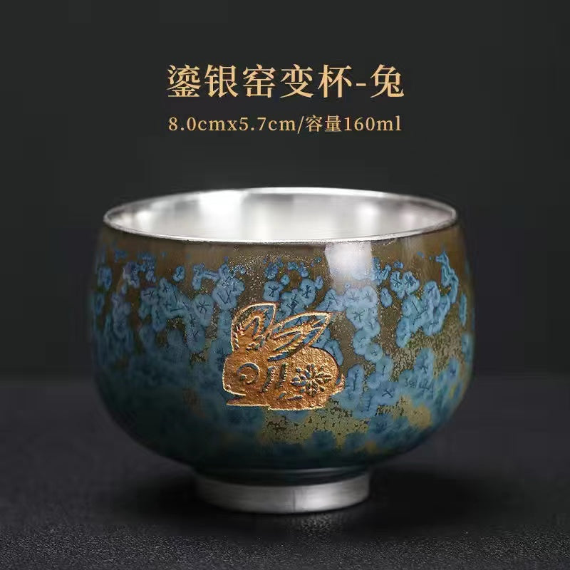 Master Collection-----Blue Jade Kiln to Silver Master Cup Pure Handmade Silver CupTea Cup(M435)