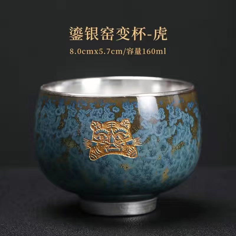 Master Collection-----Blue Jade Kiln to Silver Master Cup Pure Handmade Silver CupTea Cup(M435)