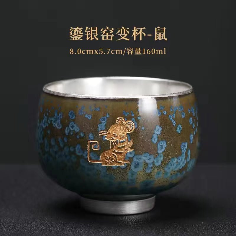 Master Collection-----Blue Jade Kiln to Silver Master Cup Pure Handmade Silver CupTea Cup(M435)