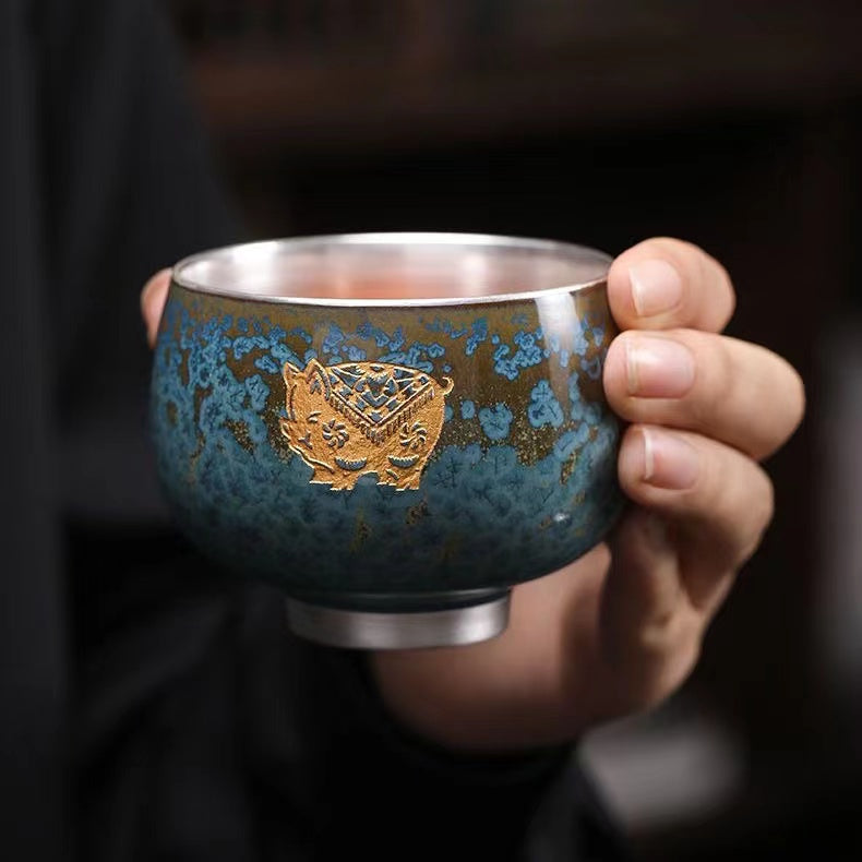 Master Collection-----Blue Jade Kiln to Silver Master Cup Pure Handmade Silver CupTea Cup(M435)