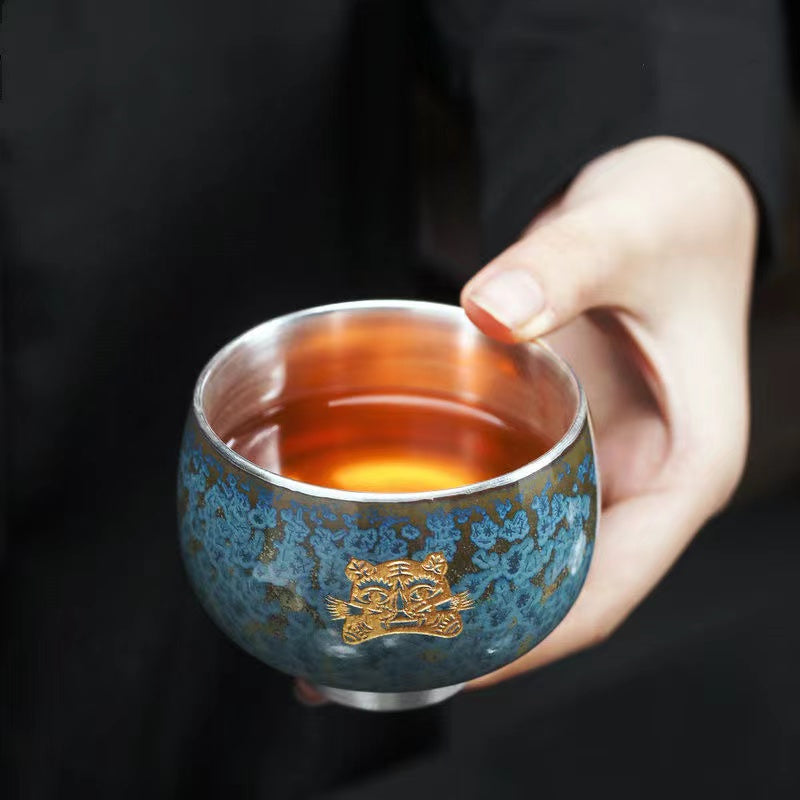 Master Collection-----Blue Jade Kiln to Silver Master Cup Pure Handmade Silver CupTea Cup(M435)