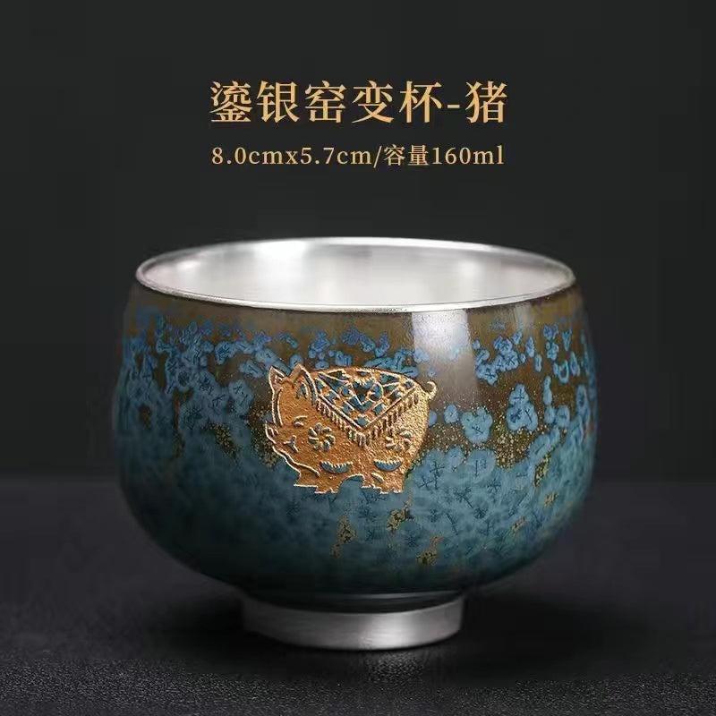 Master Collection-----Blue Jade Kiln to Silver Master Cup Pure Handmade Silver CupTea Cup(M435)