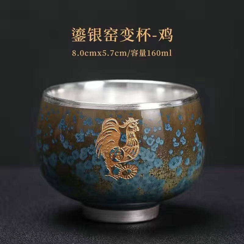 Master Collection-----Blue Jade Kiln to Silver Master Cup Pure Handmade Silver CupTea Cup(M435)