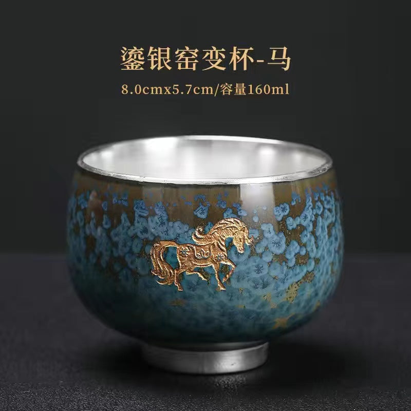 Master Collection-----Blue Jade Kiln to Silver Master Cup Pure Handmade Silver CupTea Cup(M435)