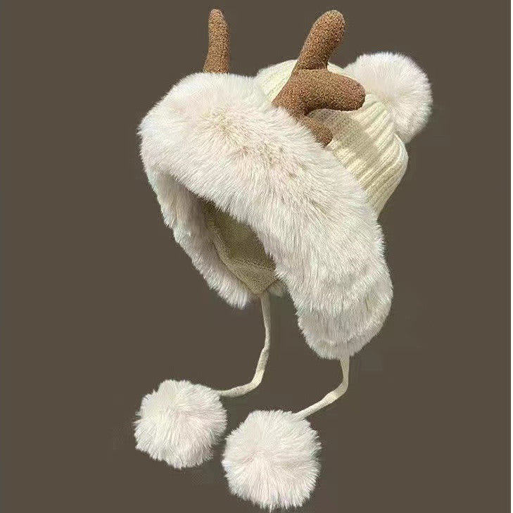 Christmas moose antlers cute fur ball winter warm padded hat
