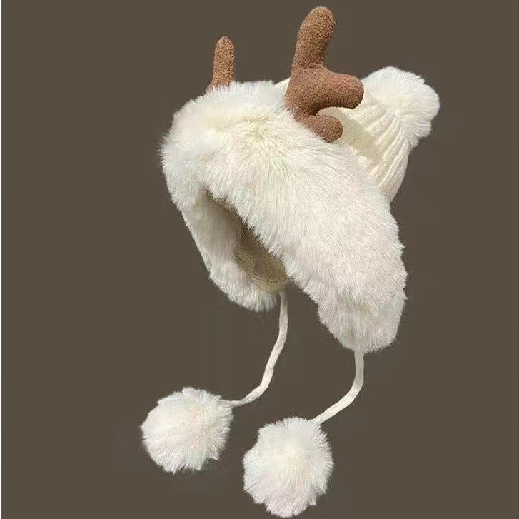 Christmas moose antlers cute fur ball winter warm padded hat