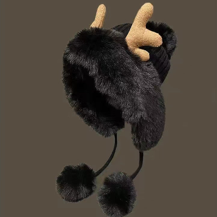 Christmas moose antlers cute fur ball winter warm padded hat