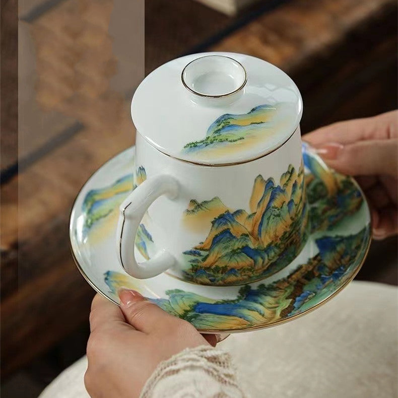 Hand-painted mug with a thousand miles of rivers and mountains in pastel colours from Jingdezhen