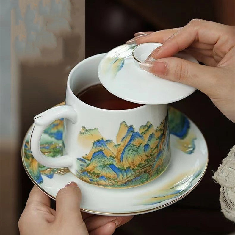 Hand-painted mug with a thousand miles of rivers and mountains in pastel colours from Jingdezhen