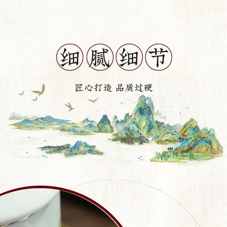 Hand-painted mug with a thousand miles of rivers and mountains in pastel colours from Jingdezhen