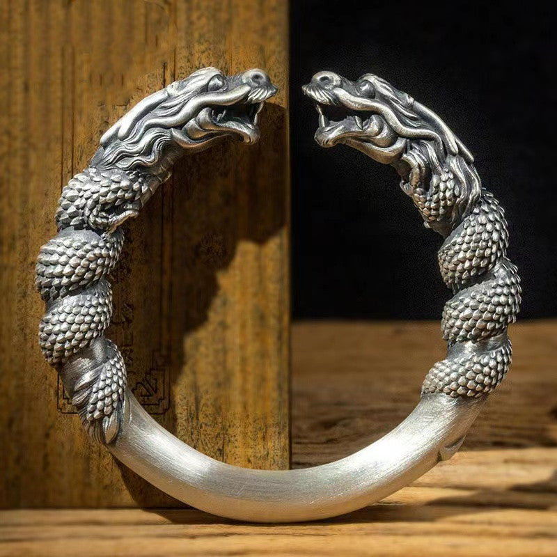 Double dragon twist silver bracelet